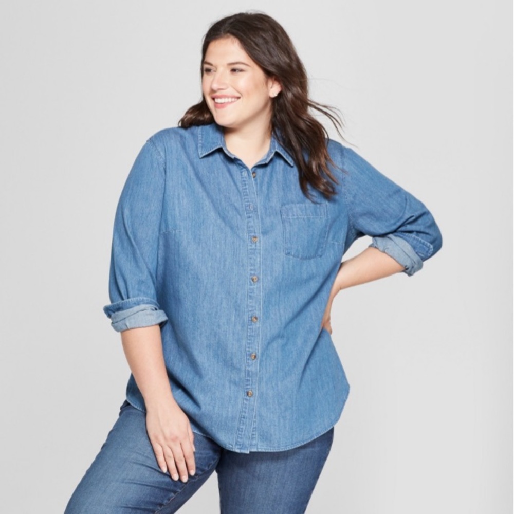 AVA & VIV Textured Denim No-Gap Button, Long Slv